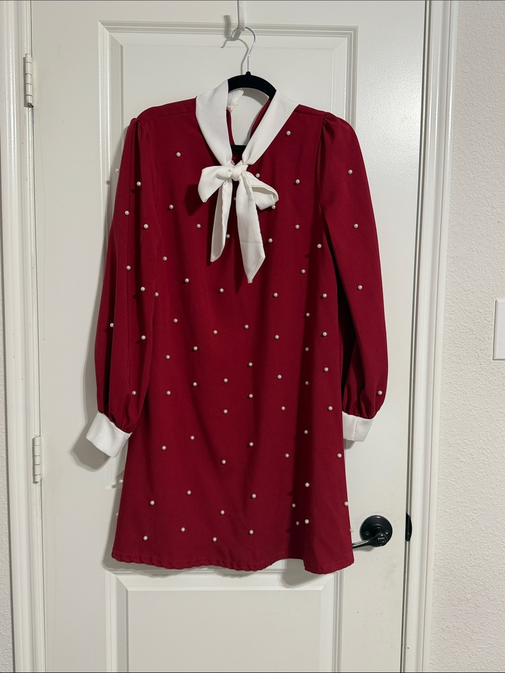 Pearl-Embellished Red Tie-Neck Formal Dress